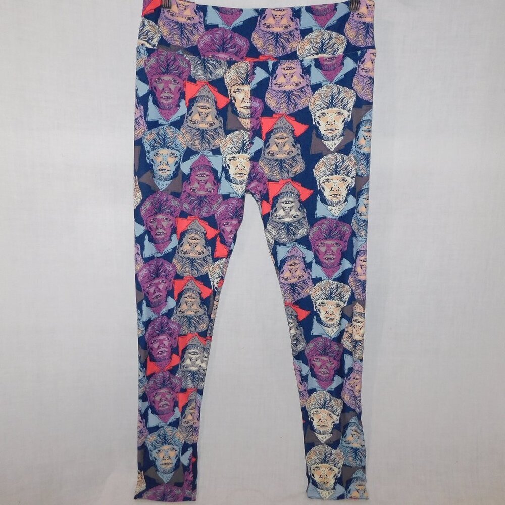 LuLaRoe Womens Wolfman Halloween Leggings TC Tall & Curvy Pink Purple Blue
